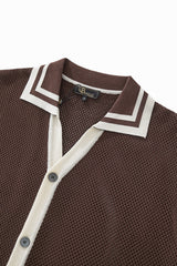 Contrast Trim Mesh Knit Button-Up COFFEE