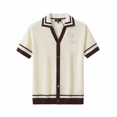 Contrast Trim Mesh Knit Button-Up IVORY