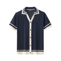 Contrast Trim Mesh Knit Button-Up NAVY