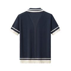 Contrast Trim Mesh Knit Button-Up NAVY