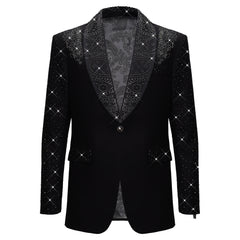 Luxurious Black Blazer with Elegant Rhinestone Emb BLACK